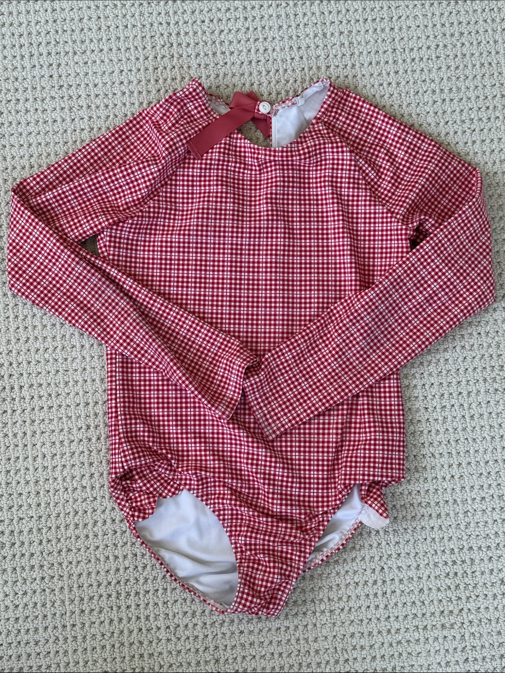 Red Gingham Long-Sleeve Kids Rashguard Swimsuit